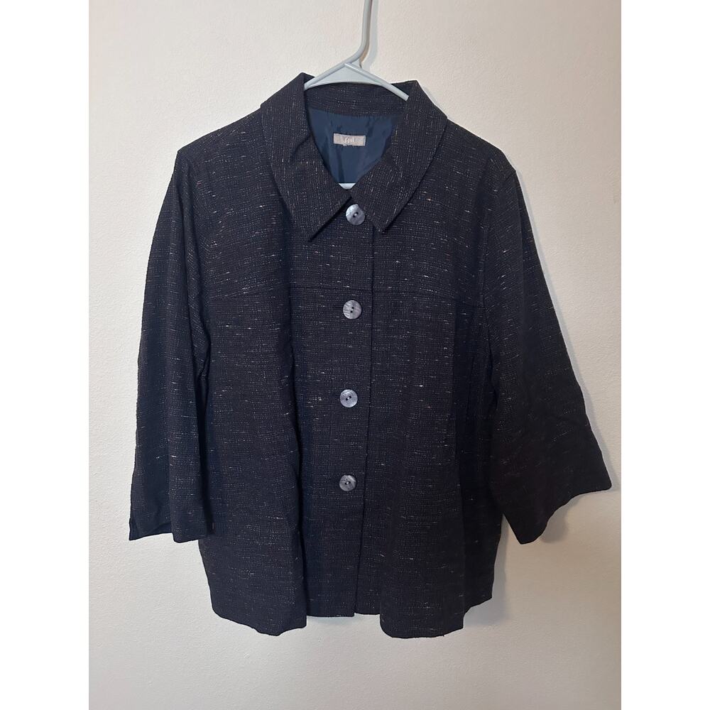 J. Jill Tweed Jacket size 10 Soft Black Flecked Purple Brown Loose Button Front